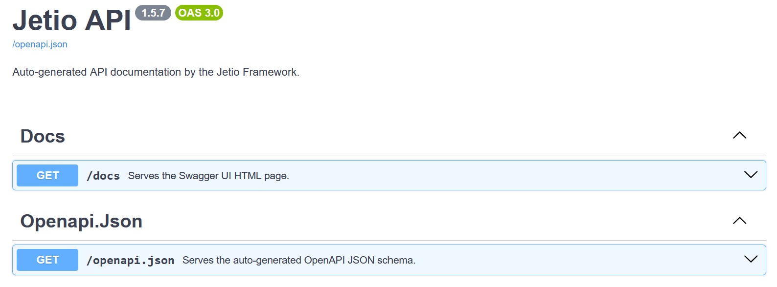 Screenshot of Jetio's auto-generated Swagger UI for models